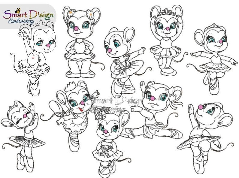 10 Cute Mice Ballerina Machine Embroidery Designs