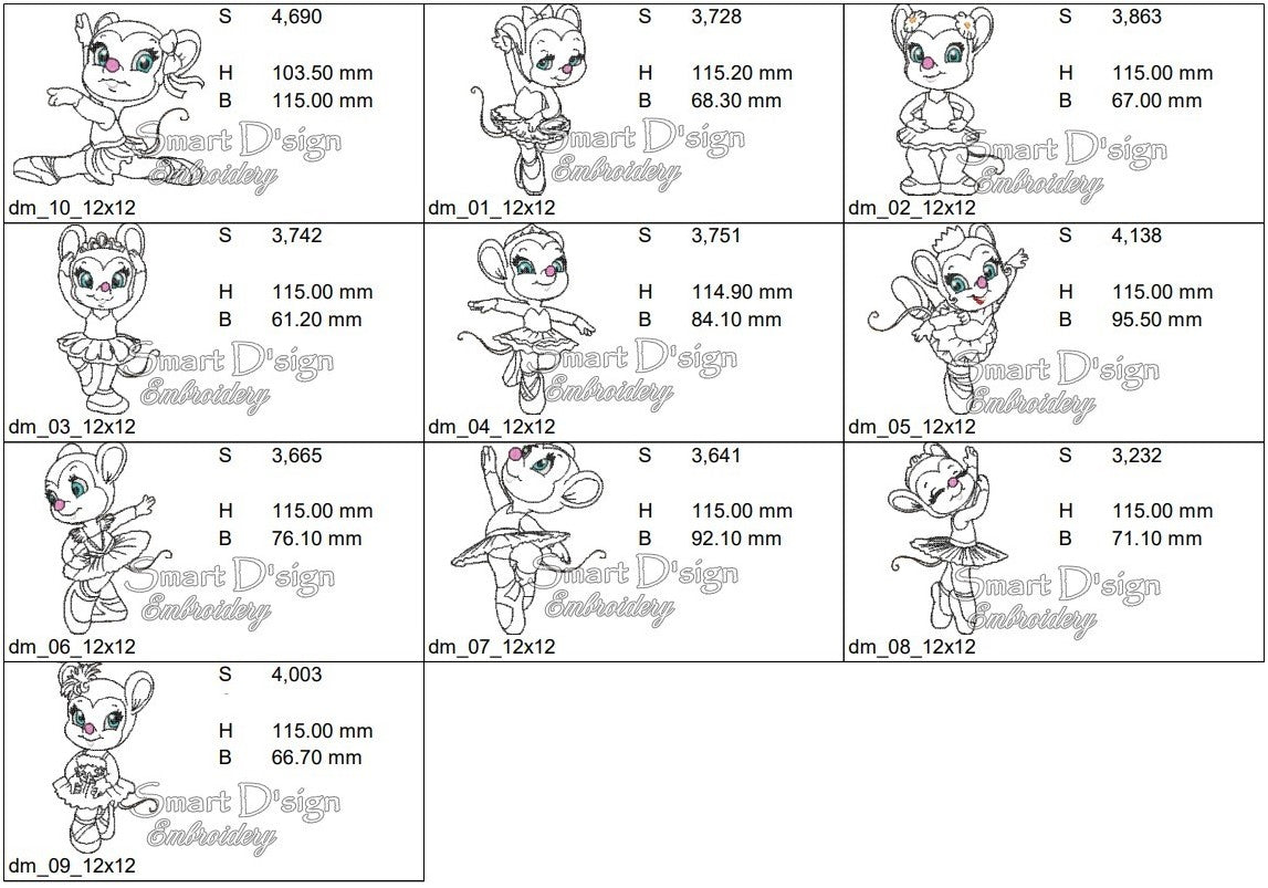 10 Mice Ballerina Doodle Applique Embroidery Designs