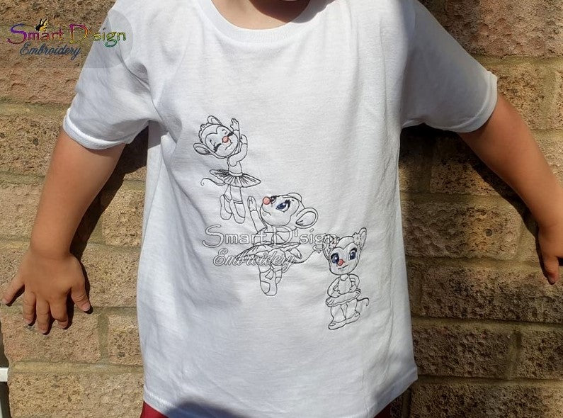 Ballerina Mice Doodle Embroidery on Shirt