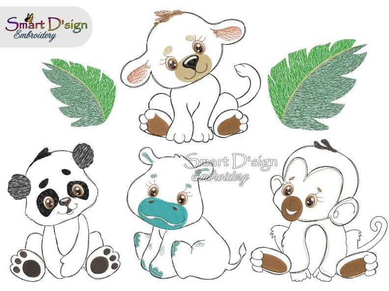 JUNGLE BABY ANIMALS DOODLE APPLIQUE 5x7 inch