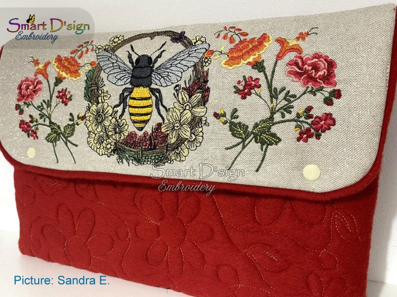 BEE FLOWER FRAME Doodle with Fill Stitch