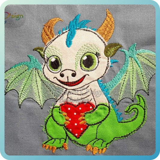 BABY DRAGON with HEART DOODLE APPLIQUE