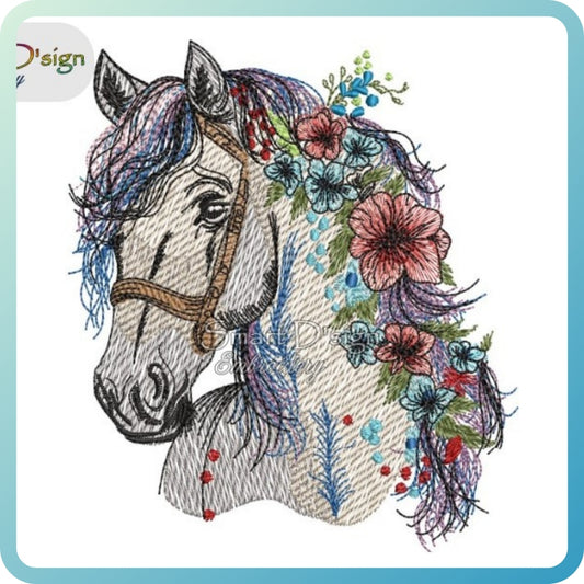 BLUMEN-PFERD Füllstich mit Doodleumrandung