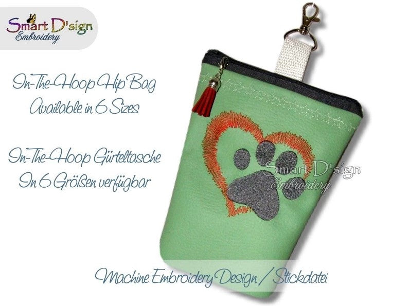 ITH ZIPPER HIP BAG - PAW PRINT HEART - Treat Pouch, fully lined