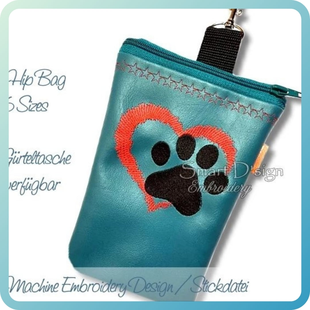 ITH ZIPPER HIP BAG - PAW PRINT HEART - Treat Pouch, fully lined