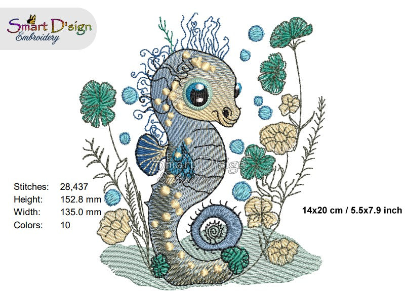 SEAHORSE Fill Stitch w. Doodle Outline